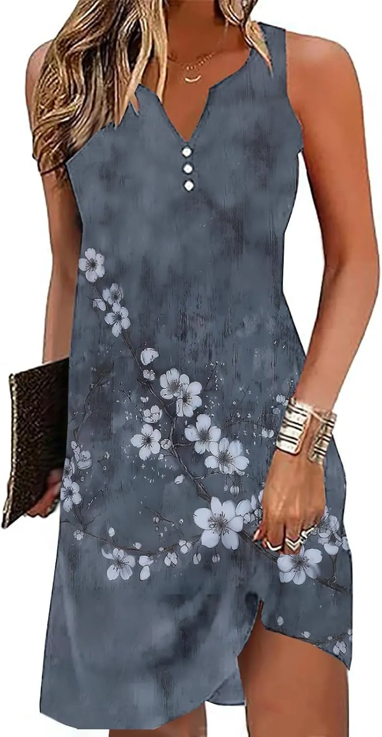 Summer Dresses for Women 2025 Beach Vacation Boho Floral Tunic Dress Sexy v Neck Sleeveless Mini Tank Sundress