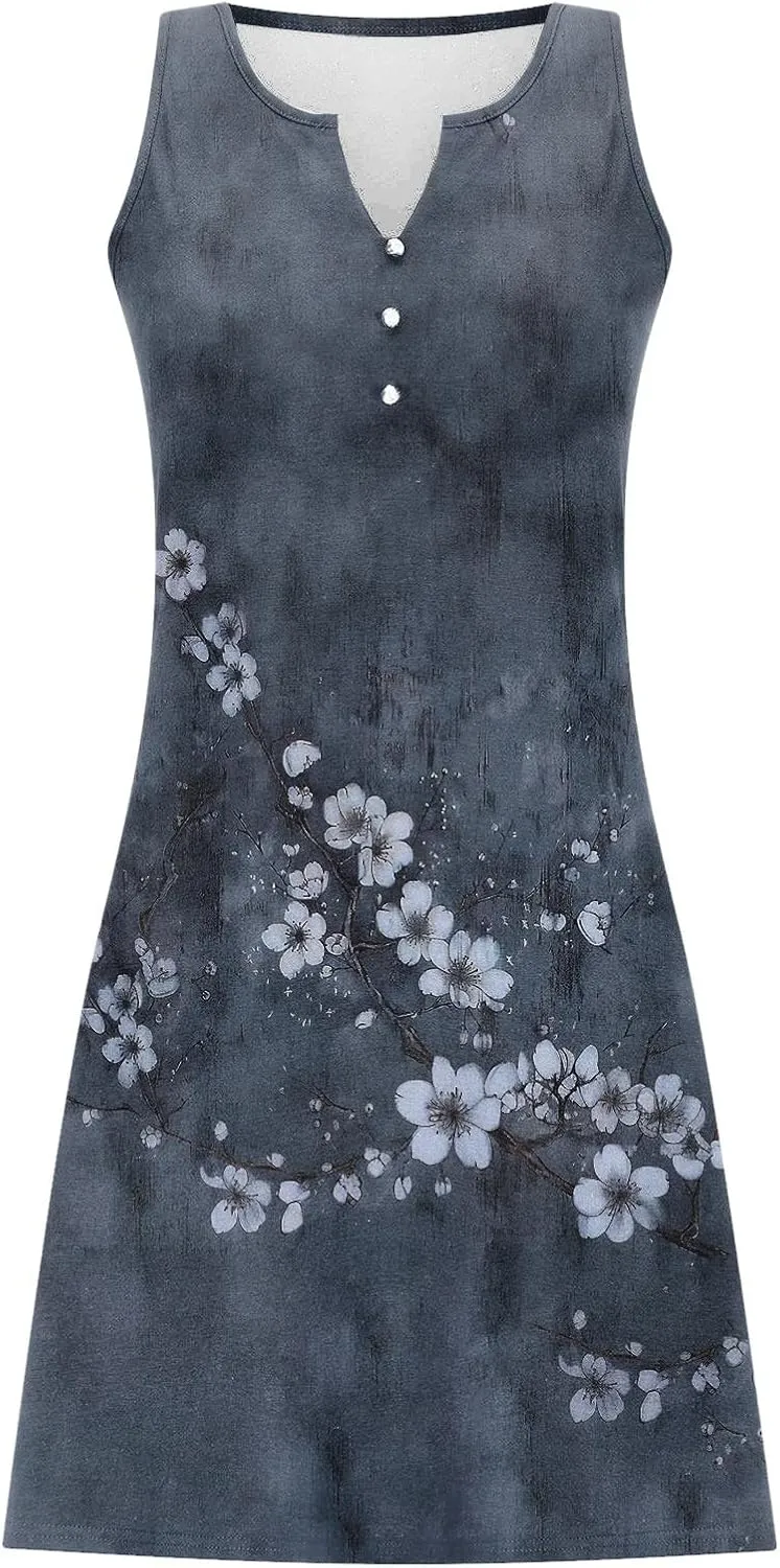Summer Dresses for Women 2025 Beach Vacation Boho Floral Tunic Dress Sexy v Neck Sleeveless Mini Tank Sundress