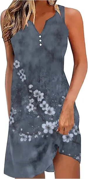 Summer Dresses for Women 2025 Beach Vacation Boho Floral Tunic Dress Sexy v Neck Sleeveless Mini Tank Sundress