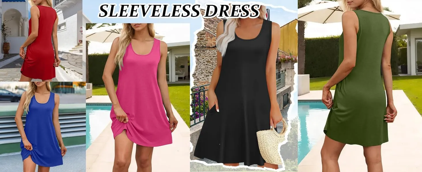 Summer Dresses for Women 2025 Casual Beach Boho U Neck Sleeveless Sundresses Vintage Flowy Tank Dress with Pockets