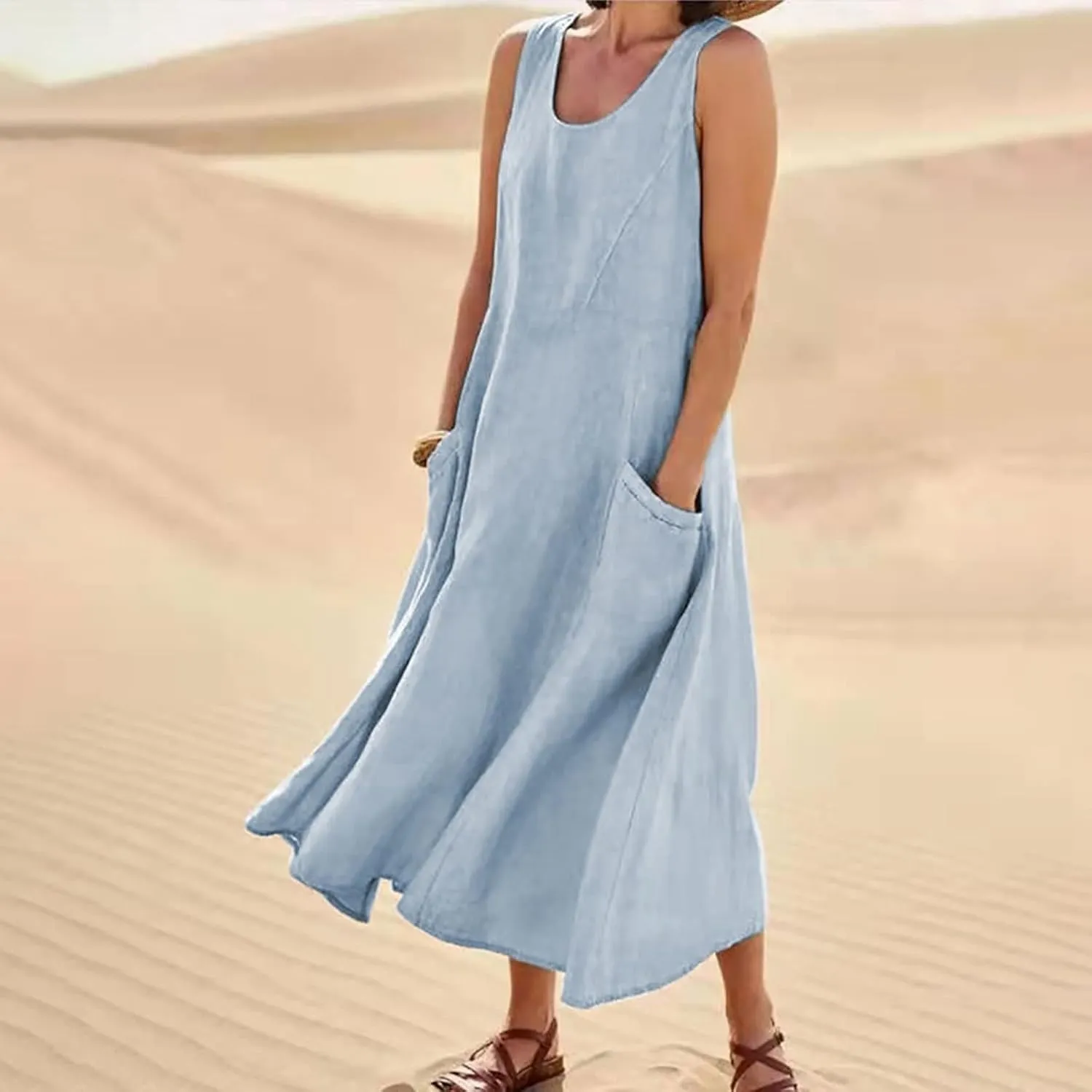 Summer Dresses for Women 2025 Casual Boho Sundress Crew Neck Sleeveless Beach Vacation Maxi Dresses with Pockets
