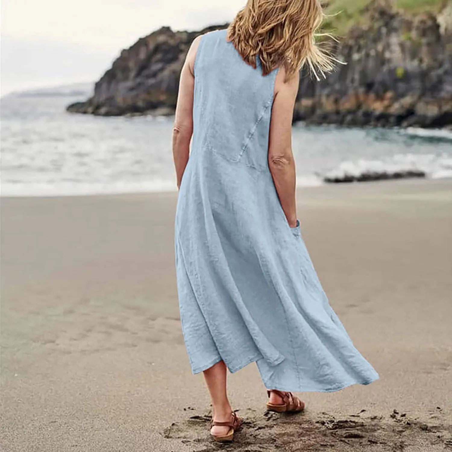 Summer Dresses for Women 2025 Casual Boho Sundress Crew Neck Sleeveless Beach Vacation Maxi Dresses with Pockets