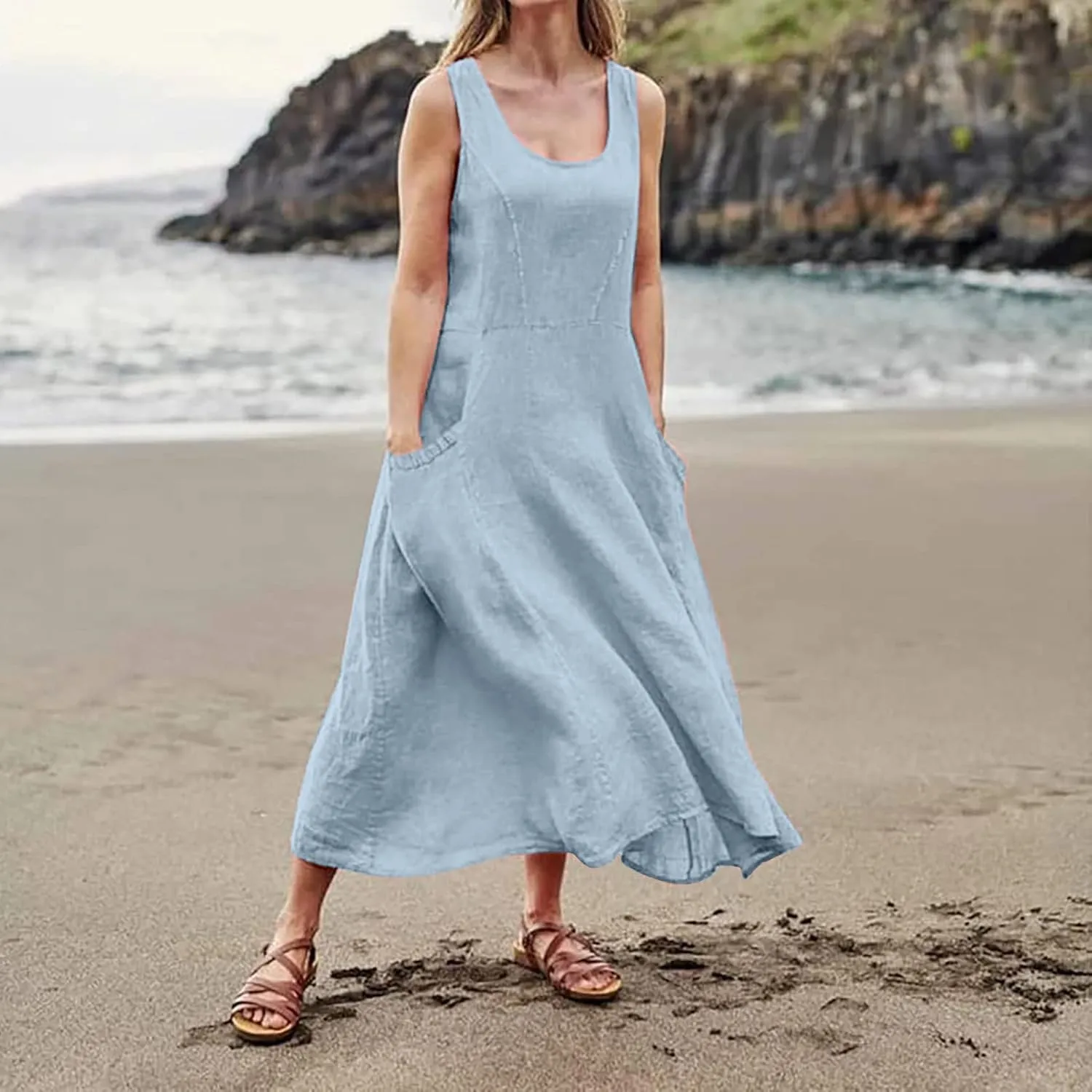 Summer Dresses for Women 2025 Casual Boho Sundress Crew Neck Sleeveless Beach Vacation Maxi Dresses with Pockets