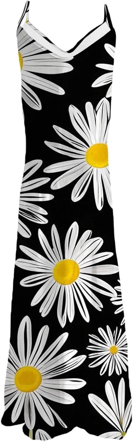 Summer Dresses for Women 2025 Casual V Neck Floral Graphic Sundress Spaghetti Strap Vacation Beach Flowy Maxi Dress
