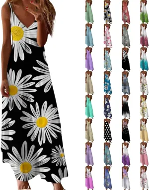 Summer Dresses for Women 2025 Casual V Neck Floral Graphic Sundress Spaghetti Strap Vacation Beach Flowy Maxi Dress