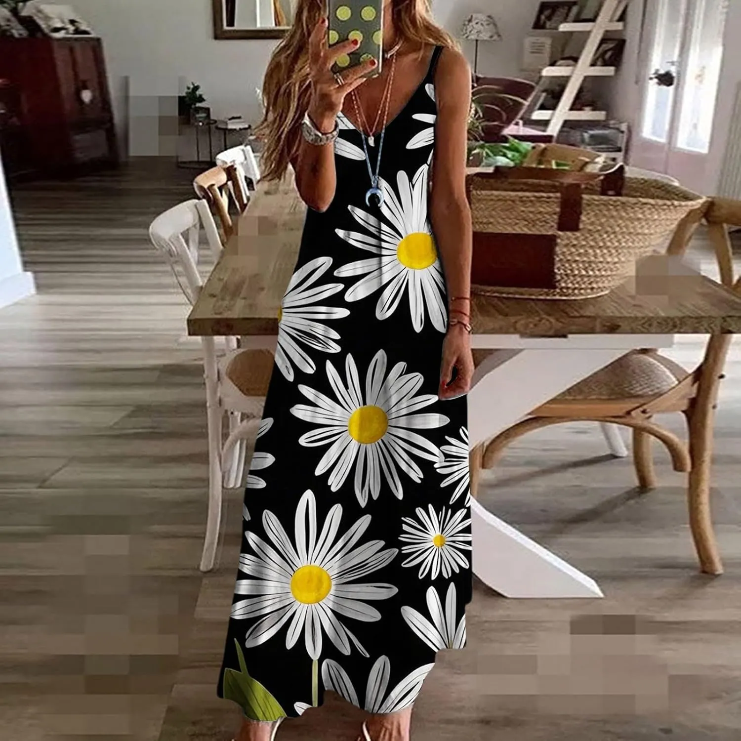 Summer Dresses for Women 2025 Casual V Neck Floral Graphic Sundress Spaghetti Strap Vacation Beach Flowy Maxi Dress