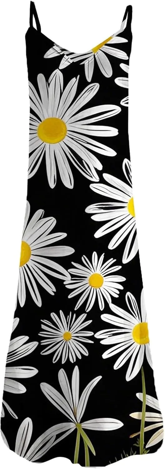 Summer Dresses for Women 2025 Casual V Neck Floral Graphic Sundress Spaghetti Strap Vacation Beach Flowy Maxi Dress