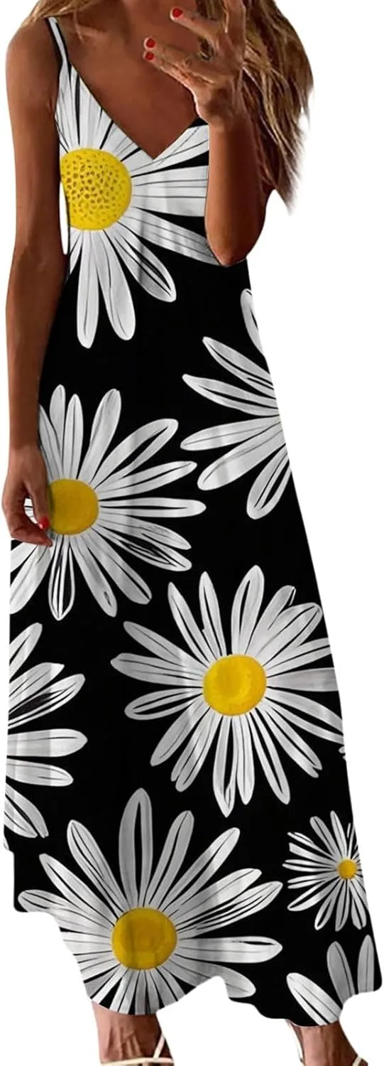 Summer Dresses for Women 2025 Casual V Neck Floral Graphic Sundress Spaghetti Strap Vacation Beach Flowy Maxi Dress