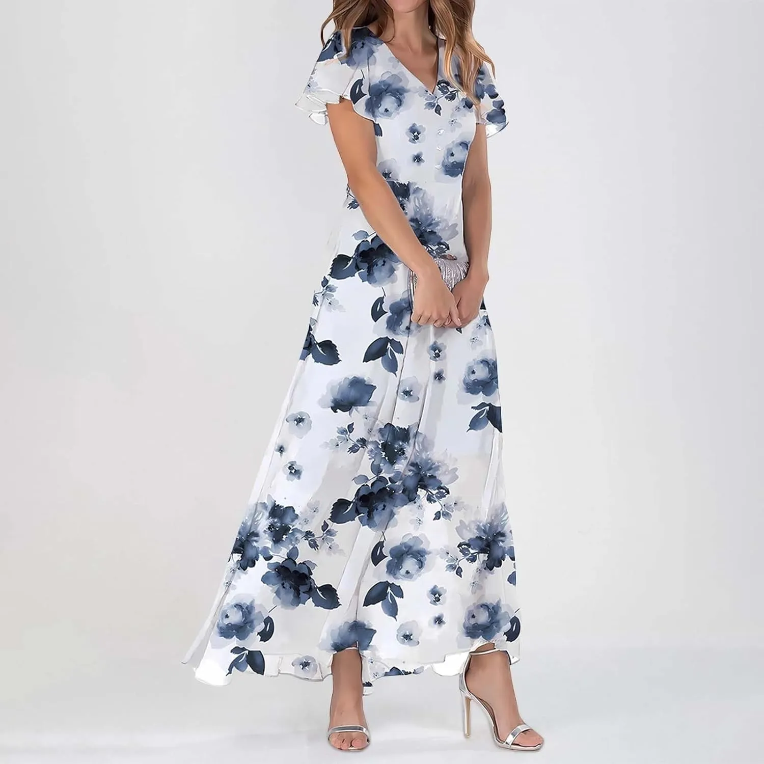 Summer Dresses for Women 2025 Casual V Neck Short Sleeve Boho Beach Maxi Dress Fashion Elegant Wrap Floral Long Dress