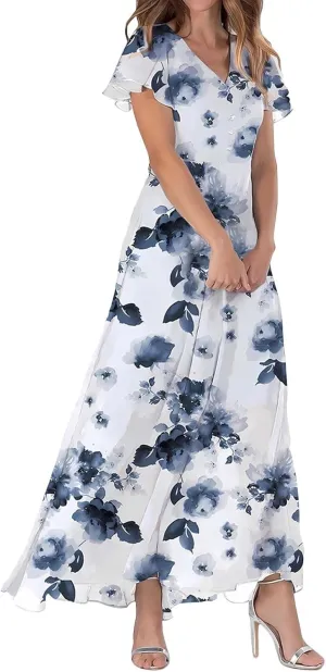 Summer Dresses for Women 2025 Casual V Neck Short Sleeve Boho Beach Maxi Dress Fashion Elegant Wrap Floral Long Dress