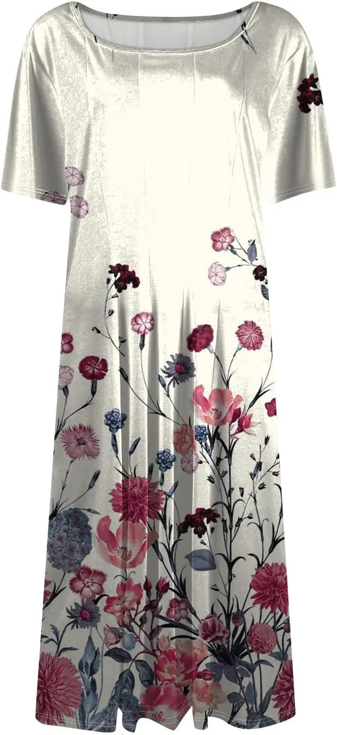 Summer Dresses for Women 2025 Crewneck Short Sleeve A Line Dress Side Pockets Empire Waist Midi Sun Dress Vacation