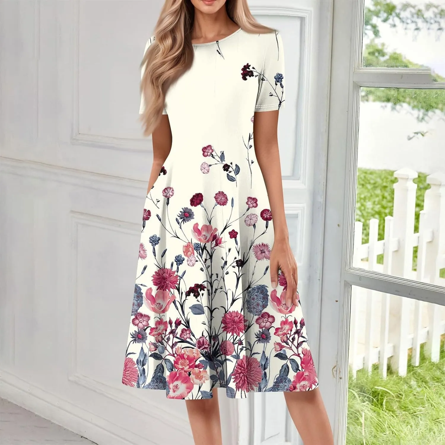 Summer Dresses for Women 2025 Crewneck Short Sleeve A Line Dress Side Pockets Empire Waist Midi Sun Dress Vacation