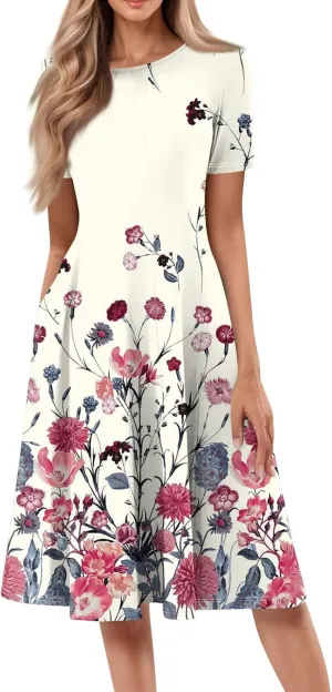 Summer Dresses for Women 2025 Crewneck Short Sleeve A Line Dress Side Pockets Empire Waist Midi Sun Dress Vacation
