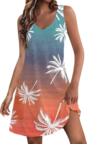 Summer Dresses for Women 2025 Loose V Neck Sleeveless Sundresses Hawaiian Tank Dress Swimsuit Coverup with Pockets