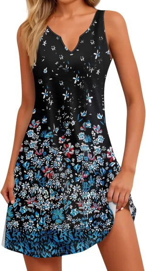 Summer Dresses for Women 2025 Loose V Neck Sundresses Sleeveless Tank Dress Beach Casual Floral Print Dress with Split