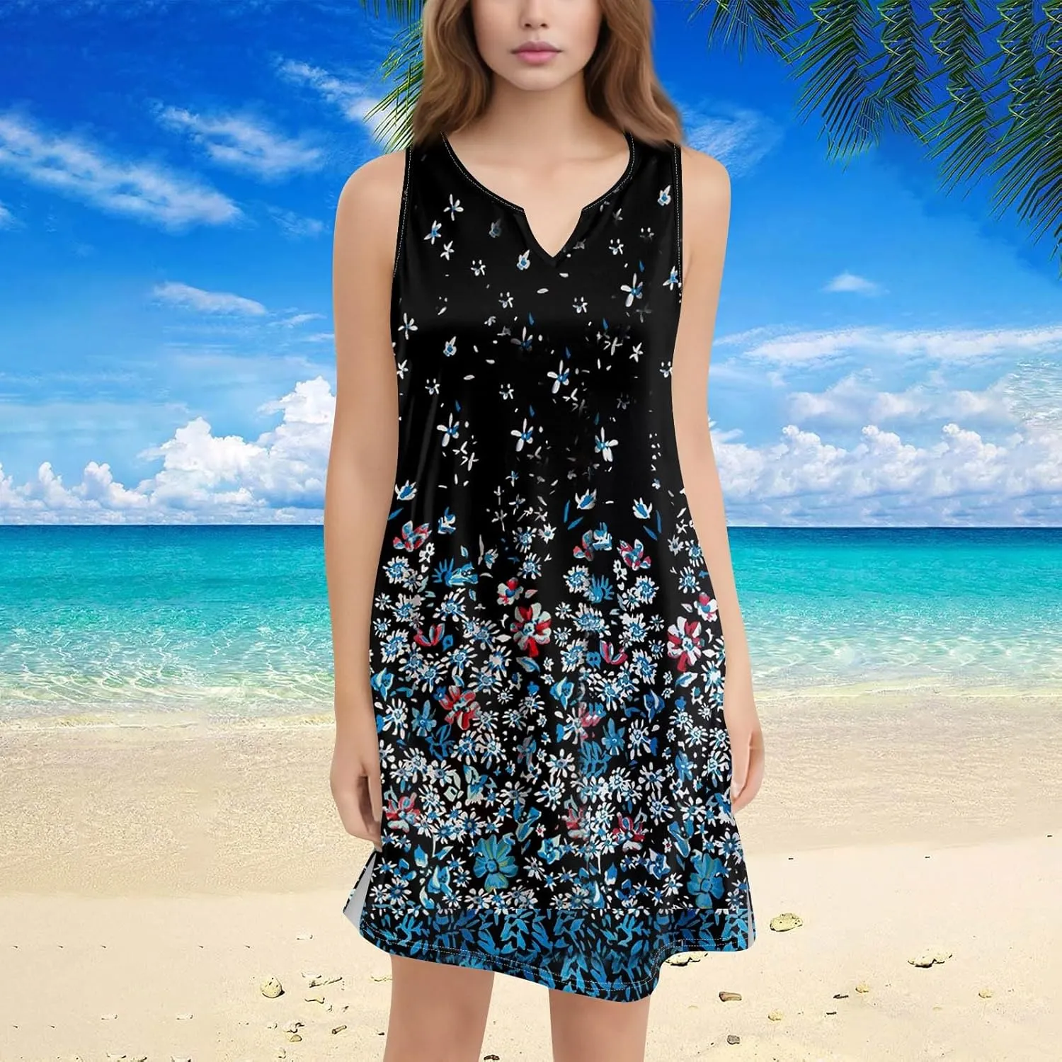 Summer Dresses for Women 2025 Loose V Neck Sundresses Sleeveless Tank Dress Beach Casual Floral Print Dress with Split