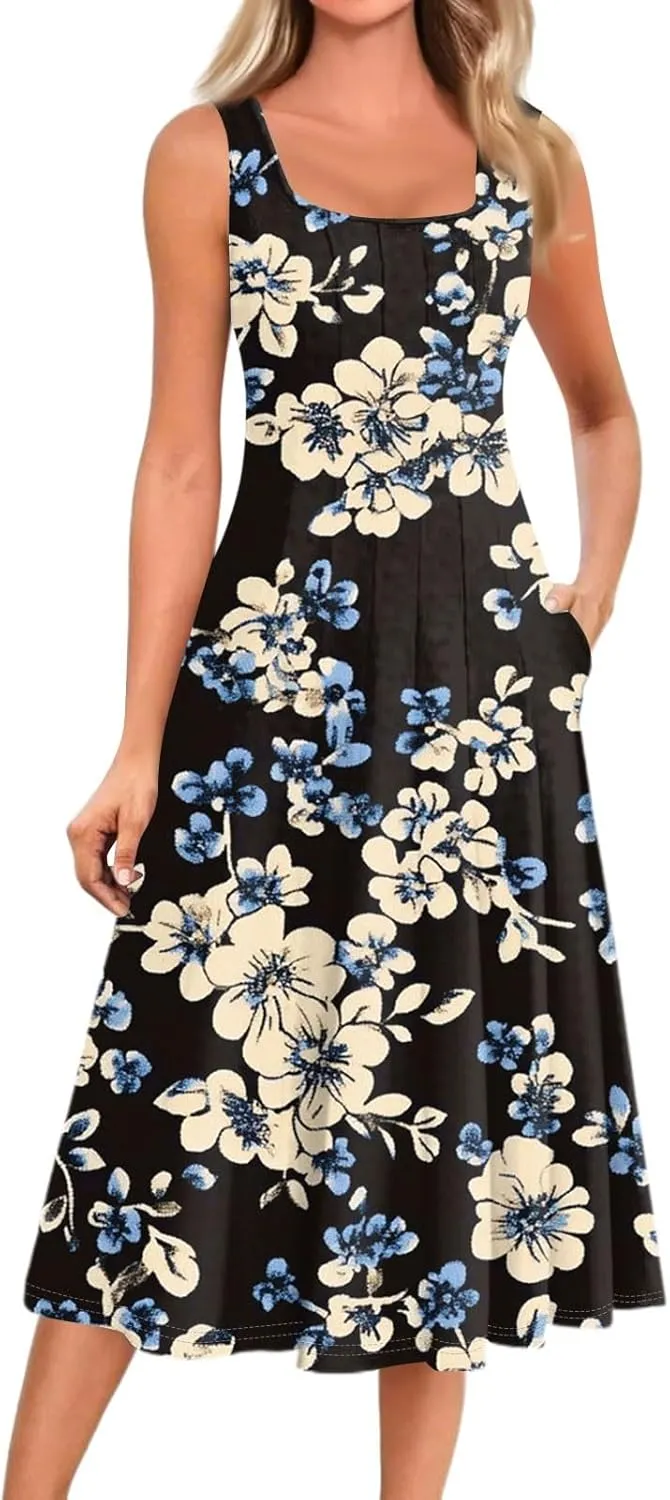 Summer Dresses for Women 2025 Midi Short Sleeve Crew Neck Sleeveless Dresses Beach Sundress with Side Pocket A Line Dress