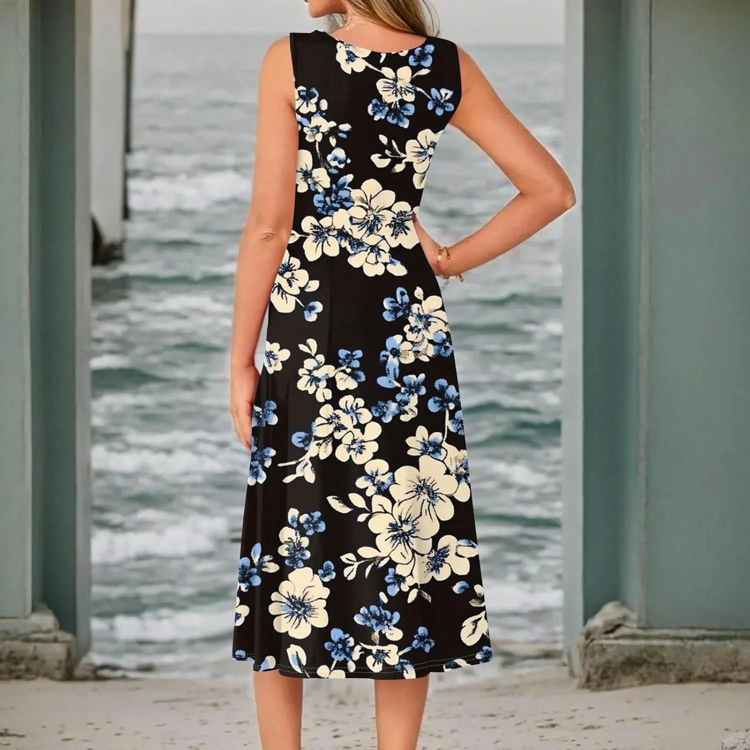 Summer Dresses for Women 2025 Midi Short Sleeve Crew Neck Sleeveless Dresses Beach Sundress with Side Pocket A Line Dress