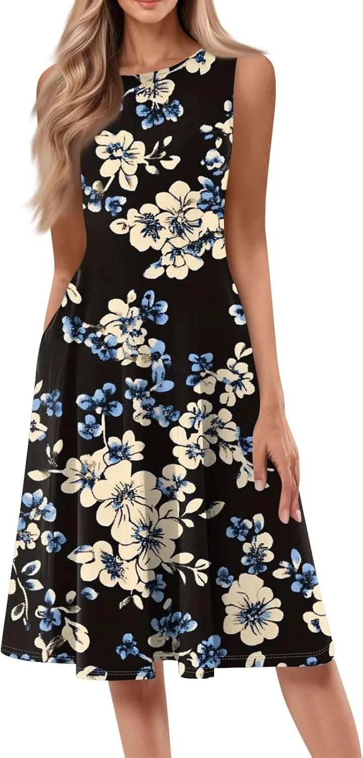 Summer Dresses for Women 2025 Midi Short Sleeve Crew Neck Sleeveless Dresses Beach Sundress with Side Pocket A Line Dress