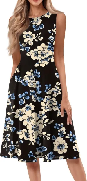 Summer Dresses for Women 2025 Midi Short Sleeve Crew Neck Sleeveless Dresses Beach Sundress with Side Pocket A Line Dress