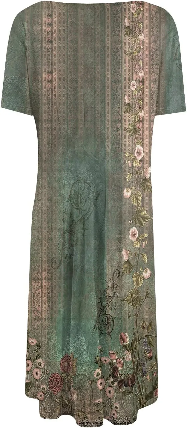 Summer Dresses for Women 2025 Midi Short Sleeve Crew Neck Women Dress Fashion Pleated with Side Pocket A Line Dress