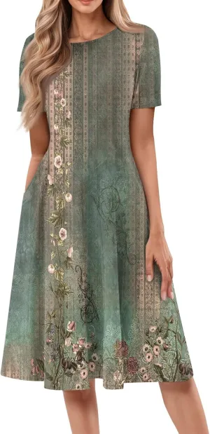 Summer Dresses for Women 2025 Midi Short Sleeve Crew Neck Women Dress Fashion Pleated with Side Pocket A Line Dress