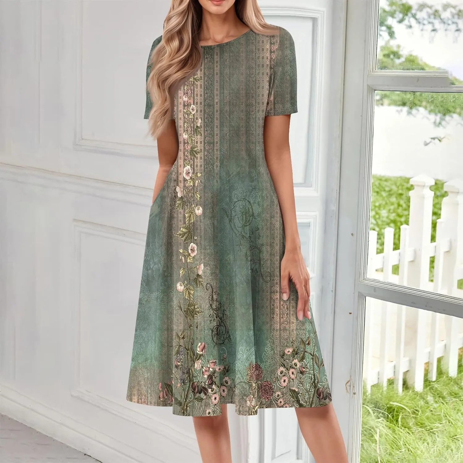 Summer Dresses for Women 2025 Midi Short Sleeve Crew Neck Women Dress Fashion Pleated with Side Pocket A Line Dress