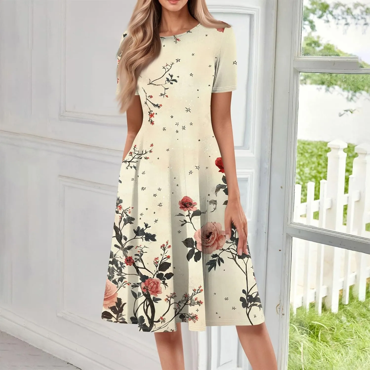 Summer Dresses for Women 2025 Midi Short Sleeve Round Neck Spring Dress Tender Pleated with Side Pocket A Line Dress