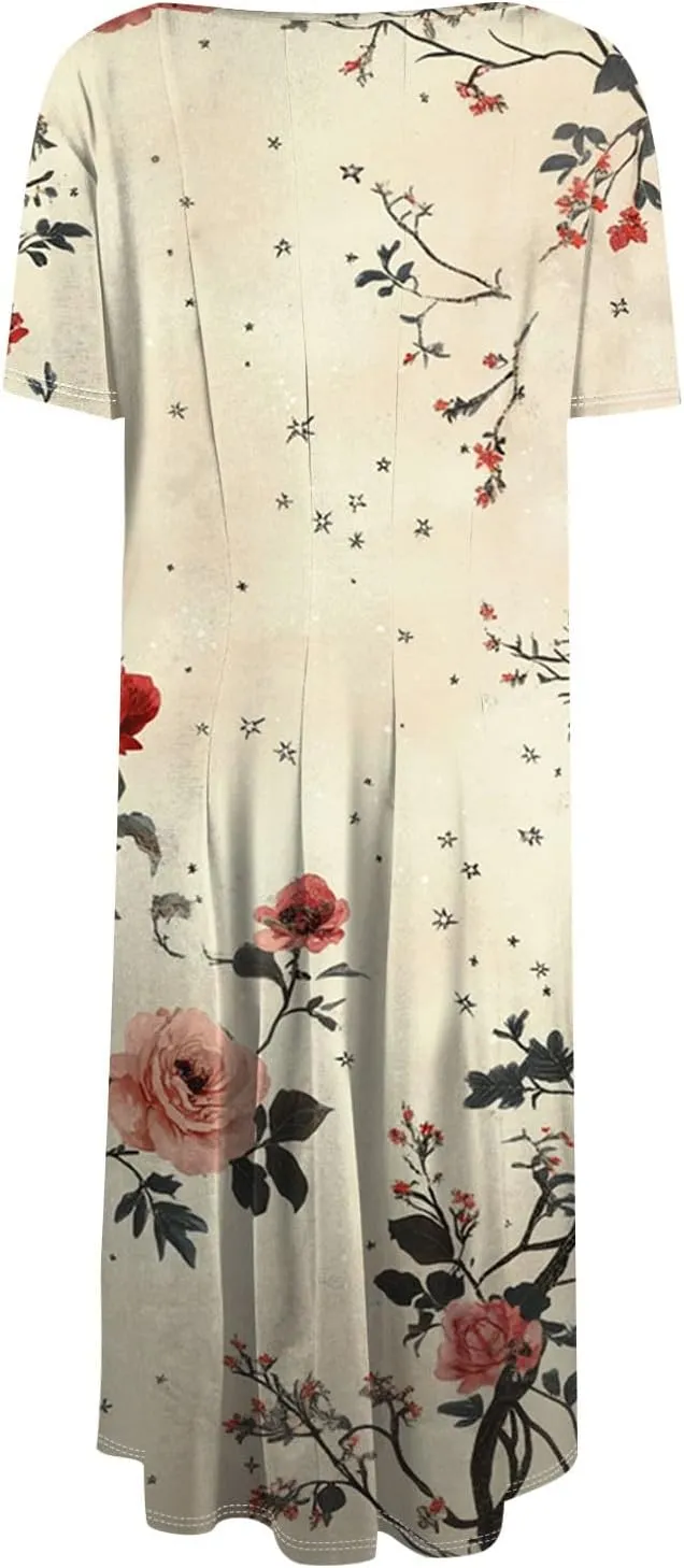 Summer Dresses for Women 2025 Midi Short Sleeve Round Neck Spring Dress Tender Pleated with Side Pocket A Line Dress