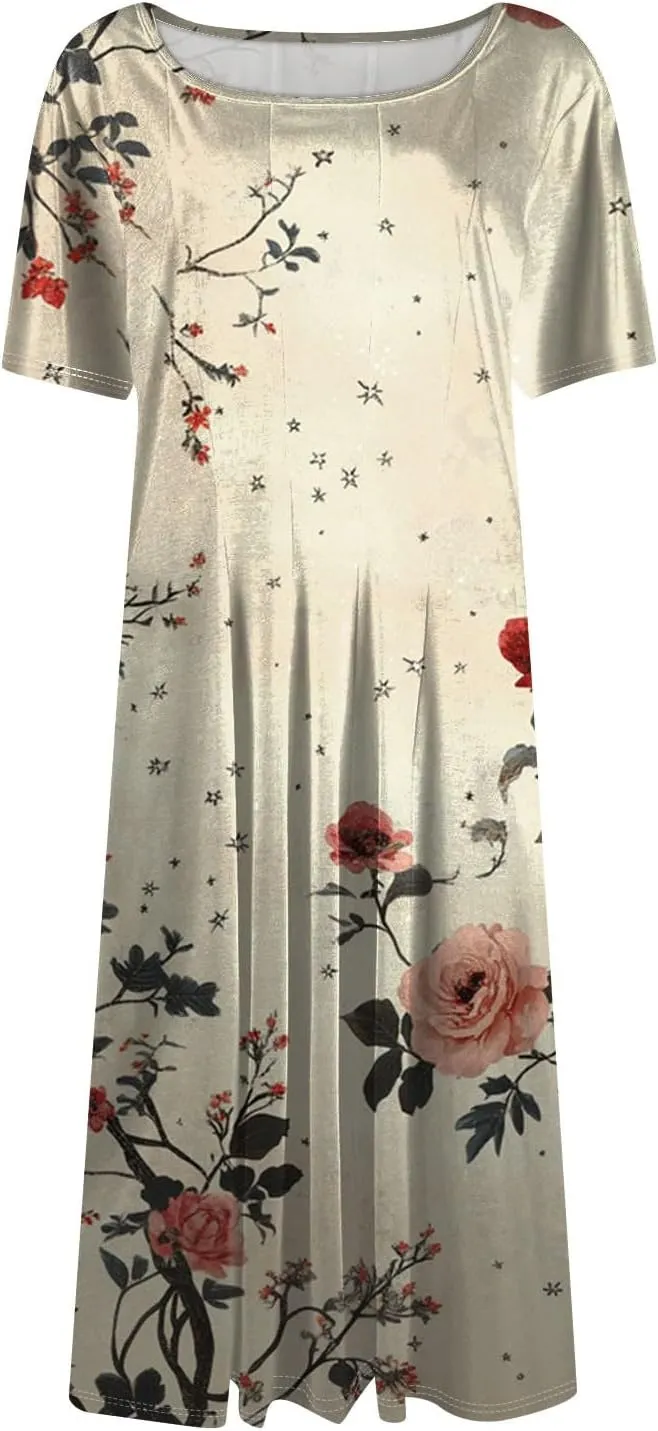 Summer Dresses for Women 2025 Midi Short Sleeve Round Neck Spring Dress Tender Pleated with Side Pocket A Line Dress