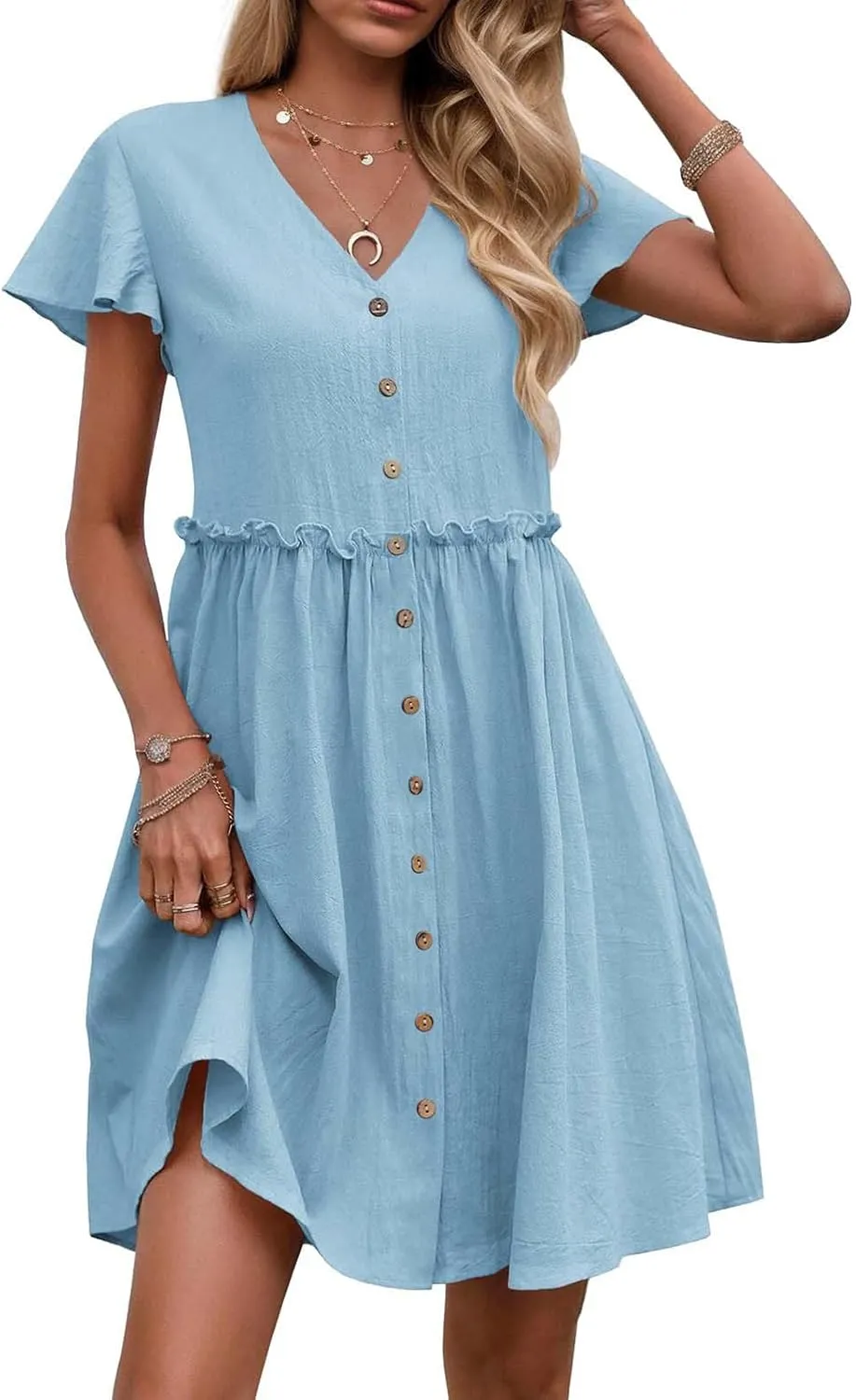 Summer Dresses for Women 2025 Sexy V Neck Short Sleeve Midi Dress Solid Elastic Waist A Line Button Dress