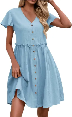 Summer Dresses for Women 2025 Sexy V Neck Short Sleeve Midi Dress Solid Elastic Waist A Line Button Dress