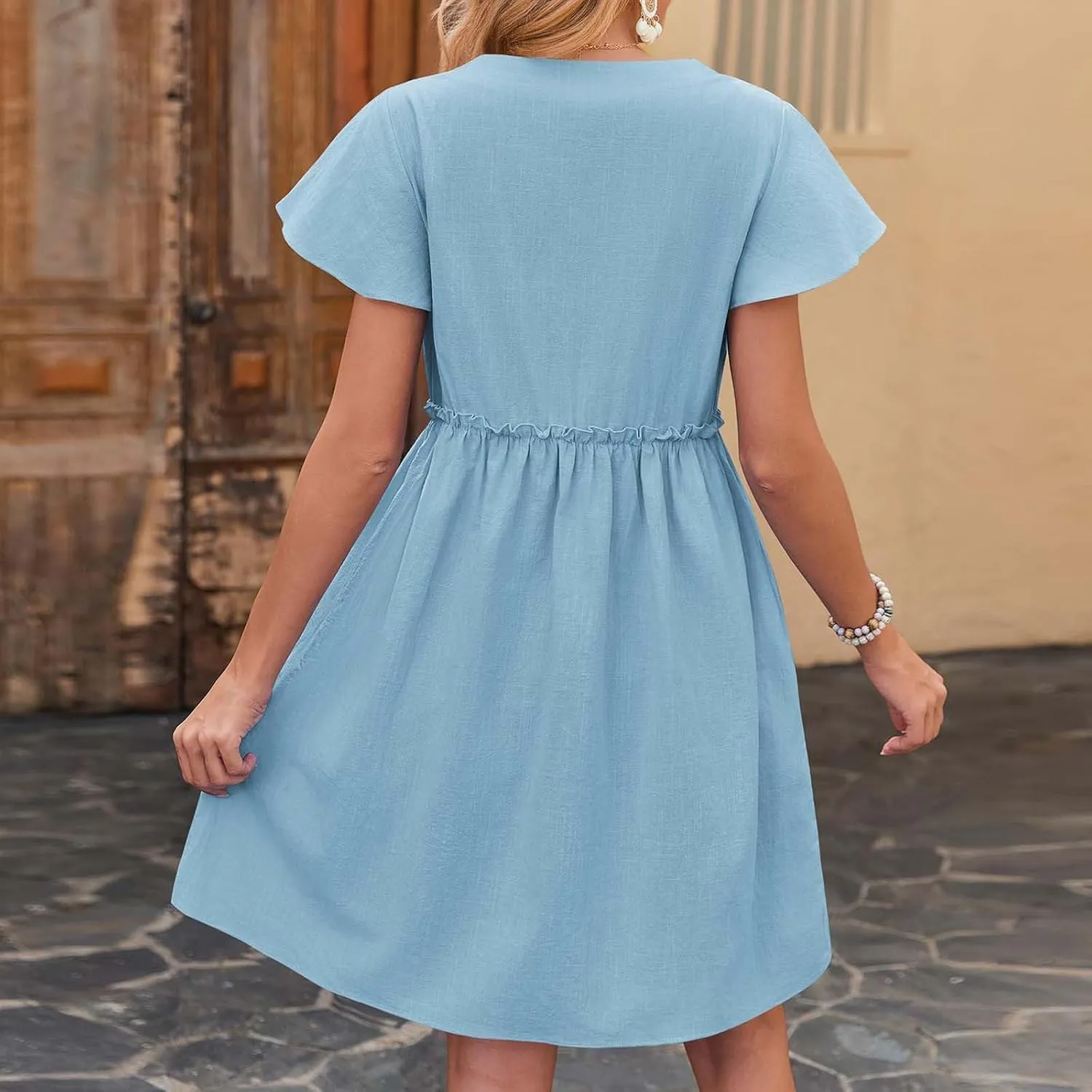 Summer Dresses for Women 2025 Sexy V Neck Short Sleeve Midi Dress Solid Elastic Waist A Line Button Dress