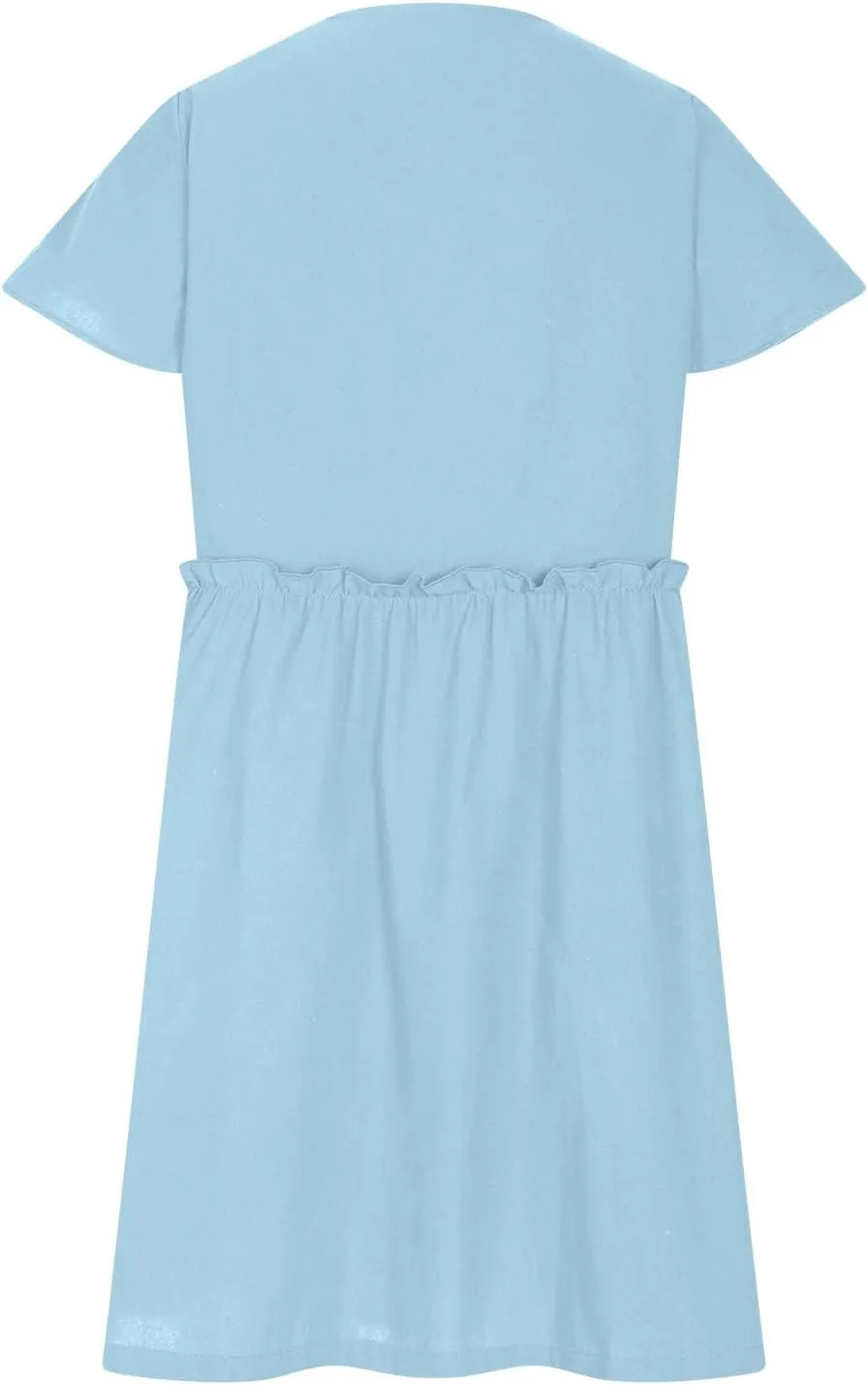 Summer Dresses for Women 2025 Sexy V Neck Short Sleeve Midi Dress Solid Elastic Waist A Line Button Dress