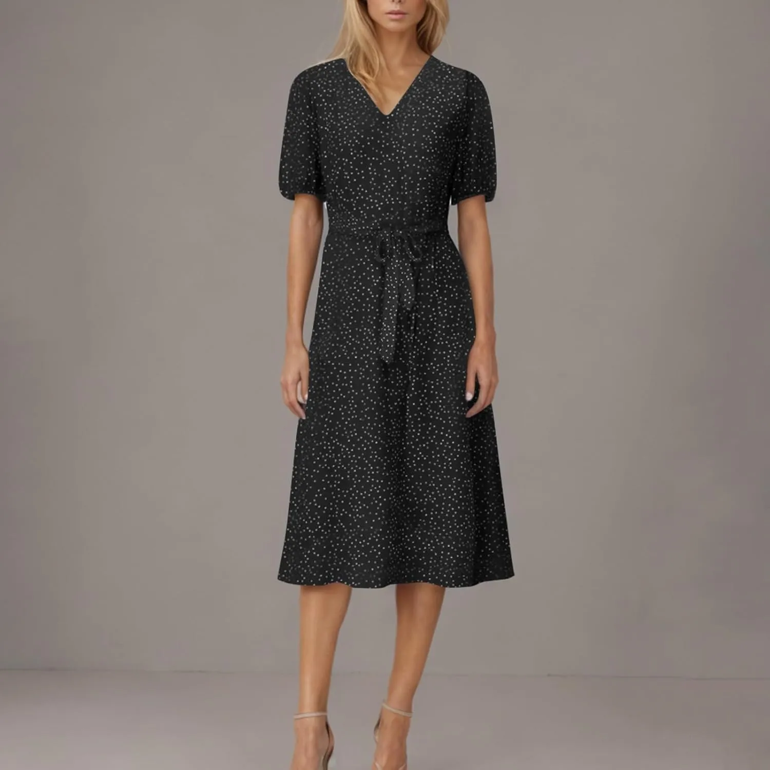 Summer Dresses for Women 2025 Short Sleeve Polka Dot Midi Dress V Neck A Line Sundress Beach Vacation Flowy Dresses