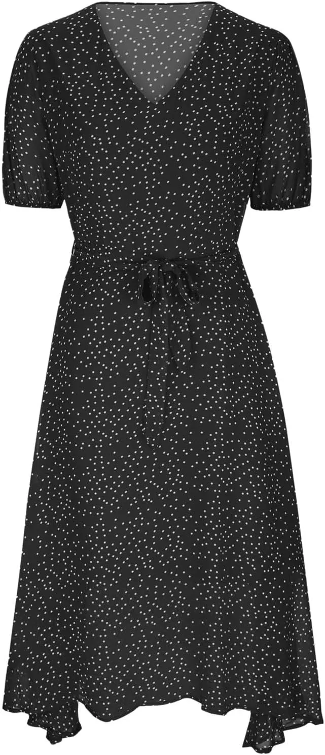Summer Dresses for Women 2025 Short Sleeve Polka Dot Midi Dress V Neck A Line Sundress Beach Vacation Flowy Dresses