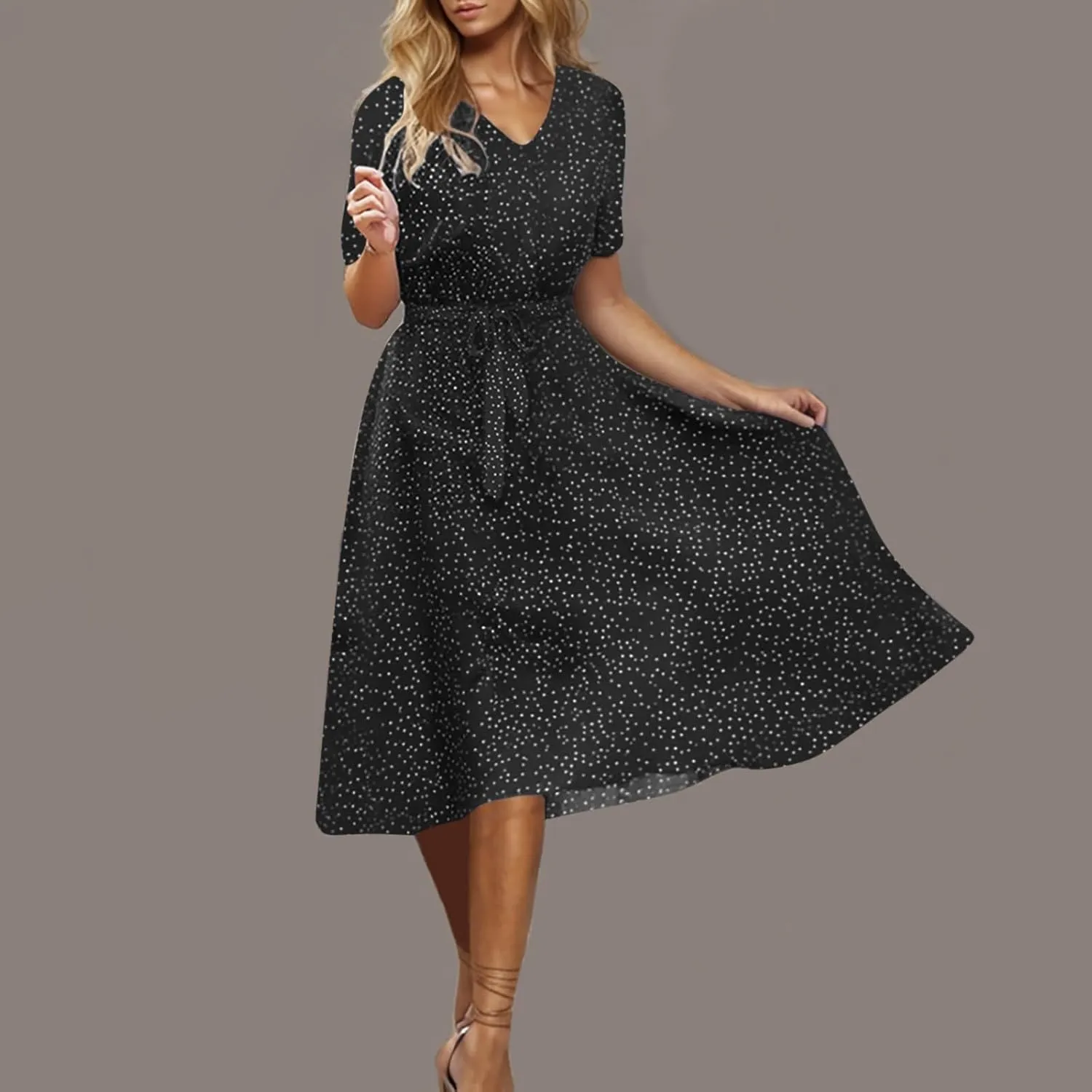 Summer Dresses for Women 2025 Short Sleeve Polka Dot Midi Dress V Neck A Line Sundress Beach Vacation Flowy Dresses