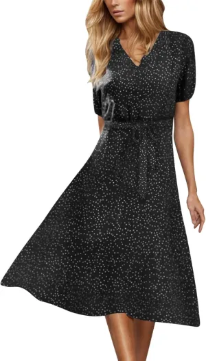 Summer Dresses for Women 2025 Short Sleeve Polka Dot Midi Dress V Neck A Line Sundress Beach Vacation Flowy Dresses