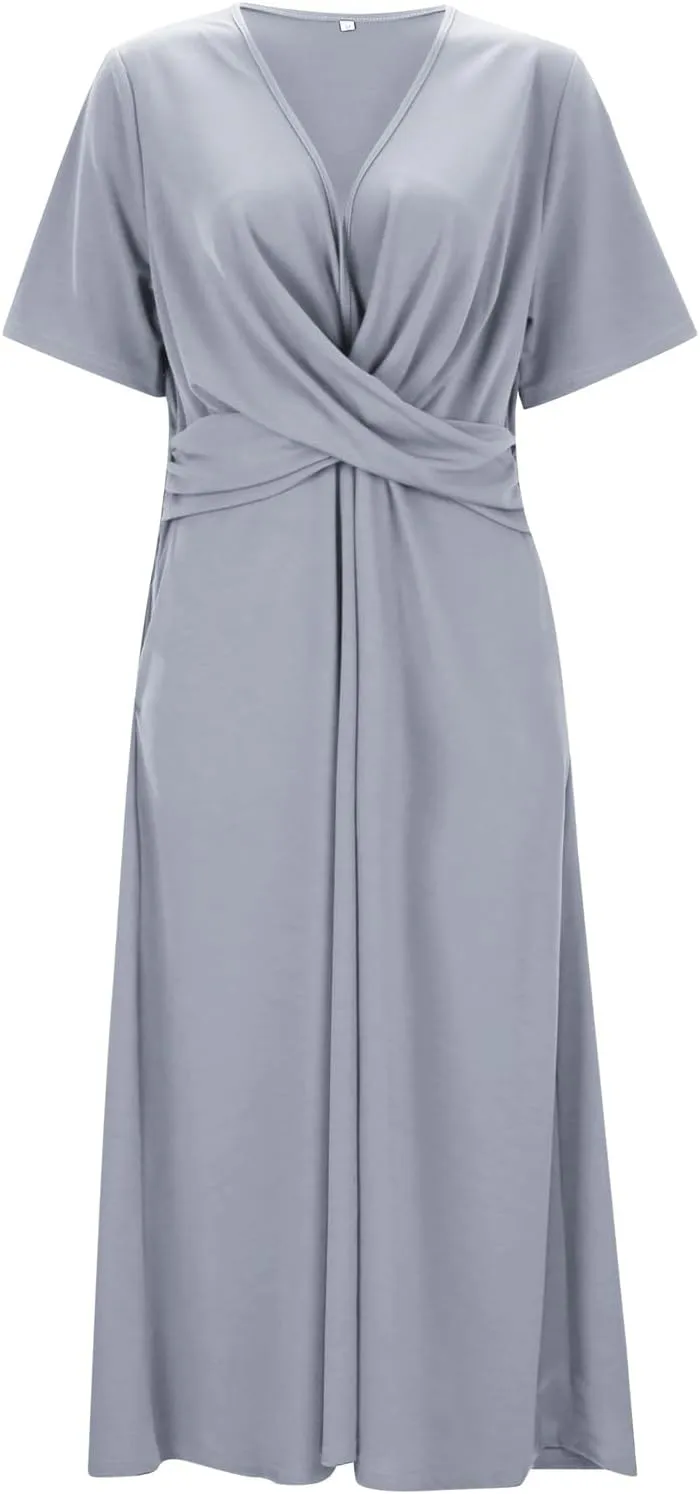 Summer Dresses for Women 2025 Short Sleeve Solid Midi Loose Tshirt Dresses Flowy Swing Beach Sundress with Pockets