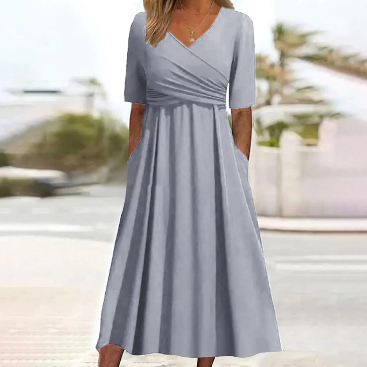 Summer Dresses for Women 2025 Short Sleeve Solid Midi Loose Tshirt Dresses Flowy Swing Beach Sundress with Pockets