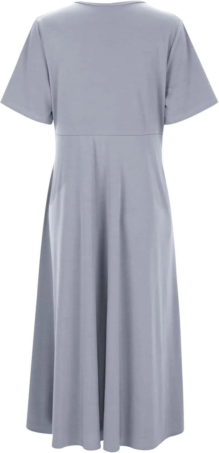 Summer Dresses for Women 2025 Short Sleeve Solid Midi Loose Tshirt Dresses Flowy Swing Beach Sundress with Pockets