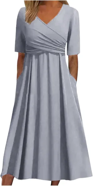 Summer Dresses for Women 2025 Short Sleeve Solid Midi Loose Tshirt Dresses Flowy Swing Beach Sundress with Pockets