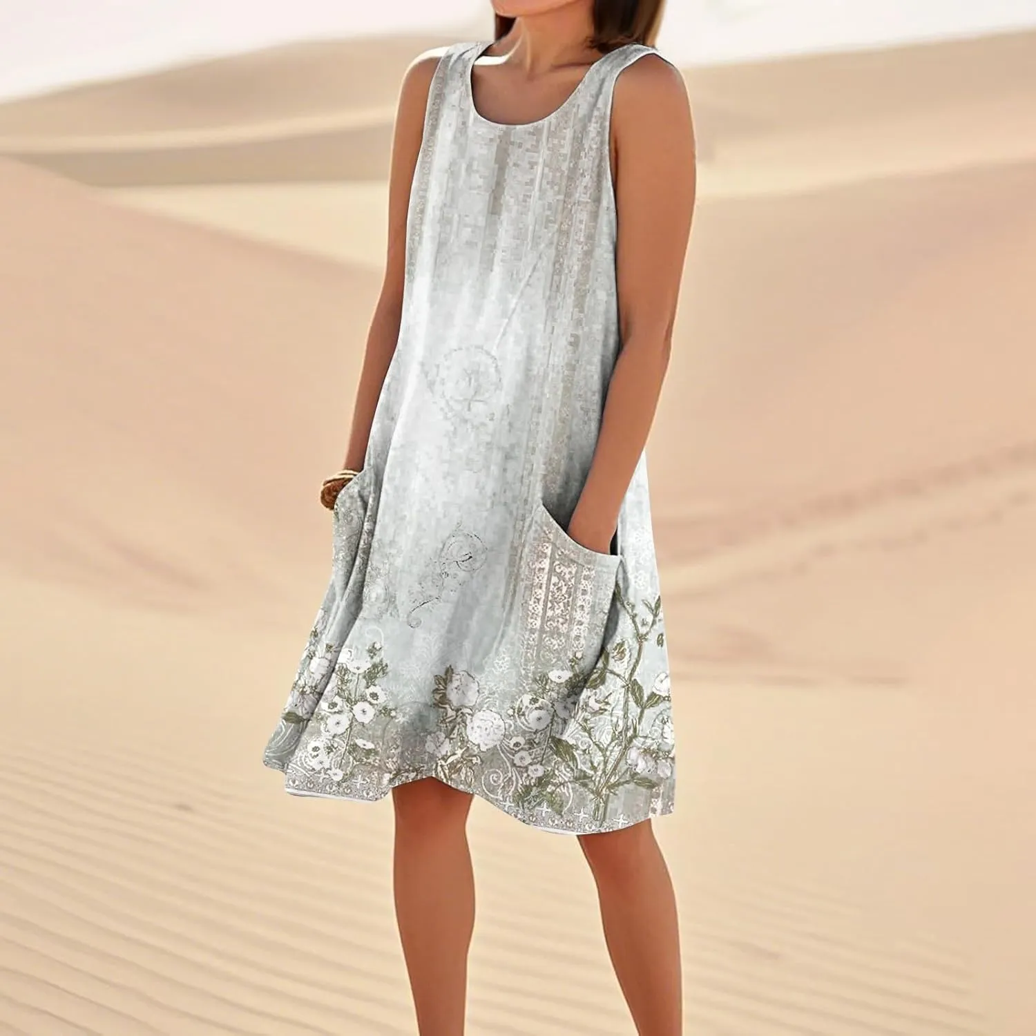 Summer Dresses for Women 2025 Sleeveless Cotton Linen Tank Dress Plus Size Floral Print Beach Sundress with Pockets