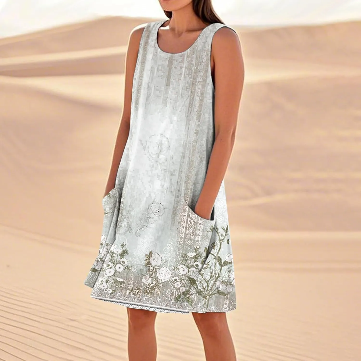 Summer Dresses for Women 2025 Sleeveless Cotton Linen Tank Dress Plus Size Floral Print Beach Sundress with Pockets