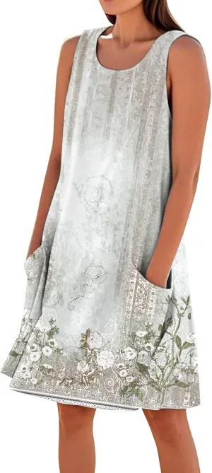 Summer Dresses for Women 2025 Sleeveless Cotton Linen Tank Dress Plus Size Floral Print Beach Sundress with Pockets