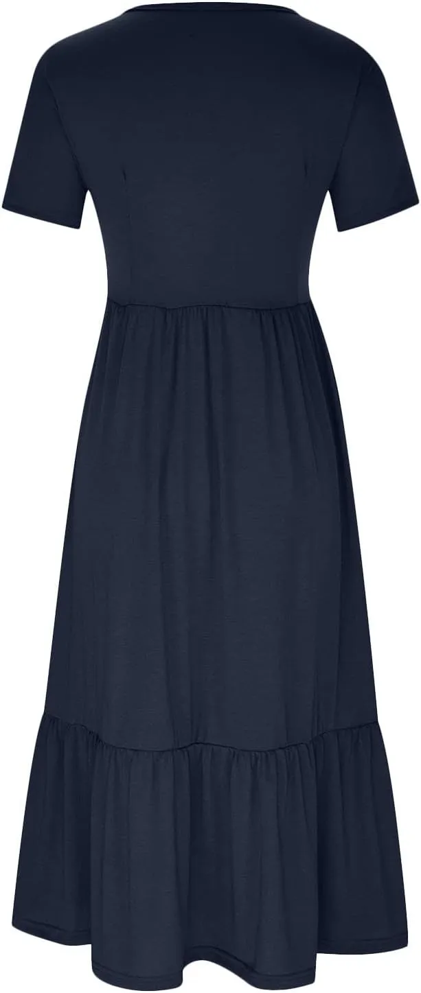 Summer Dresses for Women 2025 Tiered Vacation Long Beach Sundress Casual Loose Short Sleeve Dress with Pockets