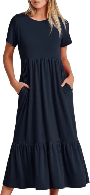 Summer Dresses for Women 2025 Tiered Vacation Long Beach Sundress Casual Loose Short Sleeve Dress with Pockets