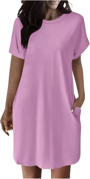 Summer Dresses for Women 2025 Trendy Short Sleeve Round Neck Tshirt Dress Casual Loose Mini Dress with Pockets