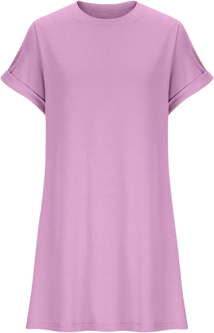 Summer Dresses for Women 2025 Trendy Short Sleeve Round Neck Tshirt Dress Casual Loose Mini Dress with Pockets