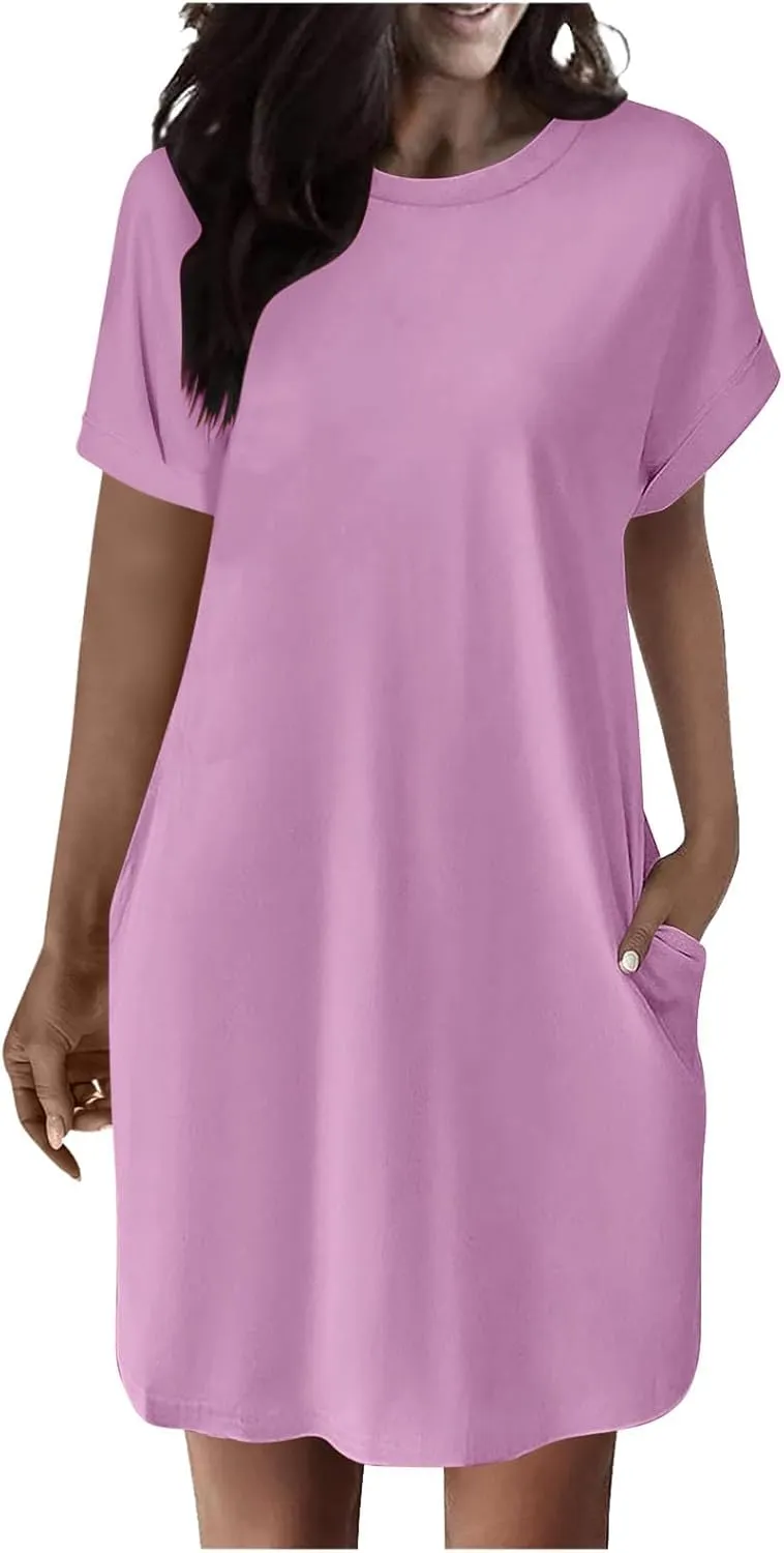 Summer Dresses for Women 2025 Trendy Short Sleeve Round Neck Tshirt Dress Casual Loose Mini Dress with Pockets